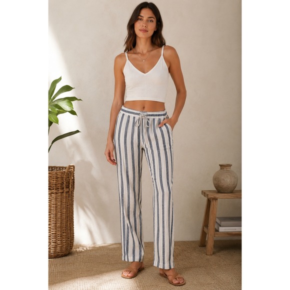 Per Se Pants - Euro Summer Coastal Linen Blend Pants Nautical Striped Casual Vaca Size L Resort